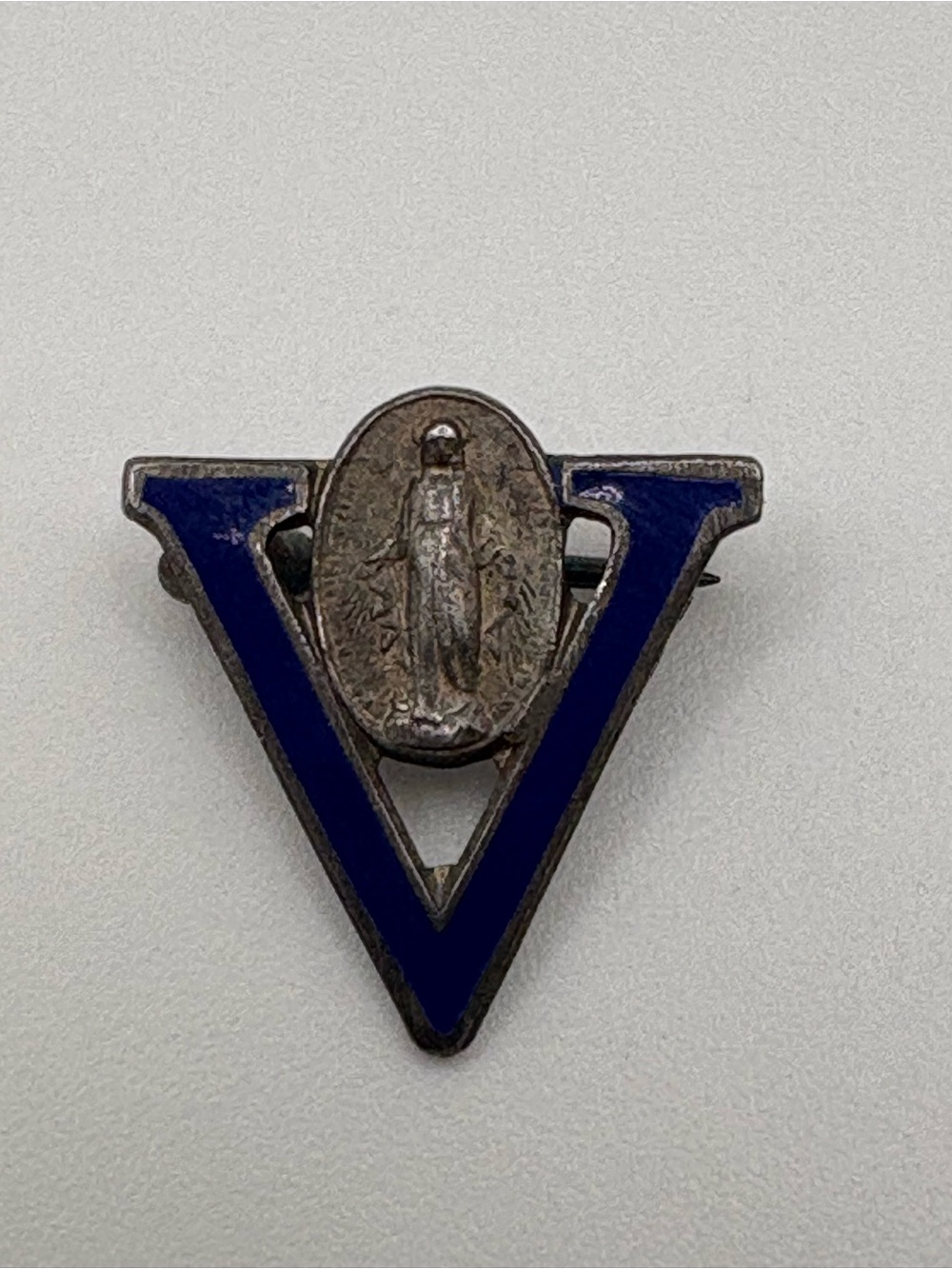 ⁠Vintage Sterling Silver Blue Enamel Miraculous Medal Pin⁠